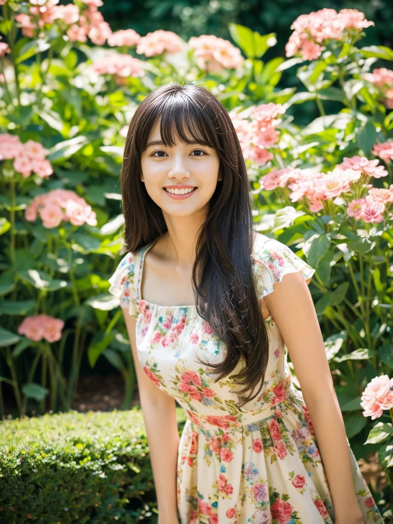 ((Masterpiece)), 8k, Masterpiece, Highest Quality, 1 Girl, Solo, Realistic, Garden, Photorealistic, Super Detailed, Detailed Background, (Solo: 1.4), Happy Expression, Slender Body, Realistic Highly detailed long hair, intricate details, masterpiece, top quality, waist shot, (flowery garden background)), smile, ((looking at camera)), earrings, long straight black hair, asymmetrical bangs, natural chest , colorful dress,