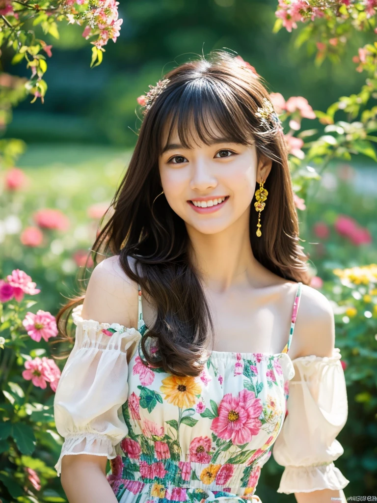 ((Masterpiece)), 8k, Masterpiece, Highest Quality, 1 Girl, Solo, Realistic, Garden, Photorealistic, Super Detailed, Detailed Background, (Solo: 1.4), Happy Expression, Slender Body, Realistic Highly detailed long hair, intricate details, masterpiece, top quality, waist shot, (flowery garden background)), smile, ((looking at camera)), earrings, long straight black hair, asymmetrical bangs, natural chest , colorful dress,