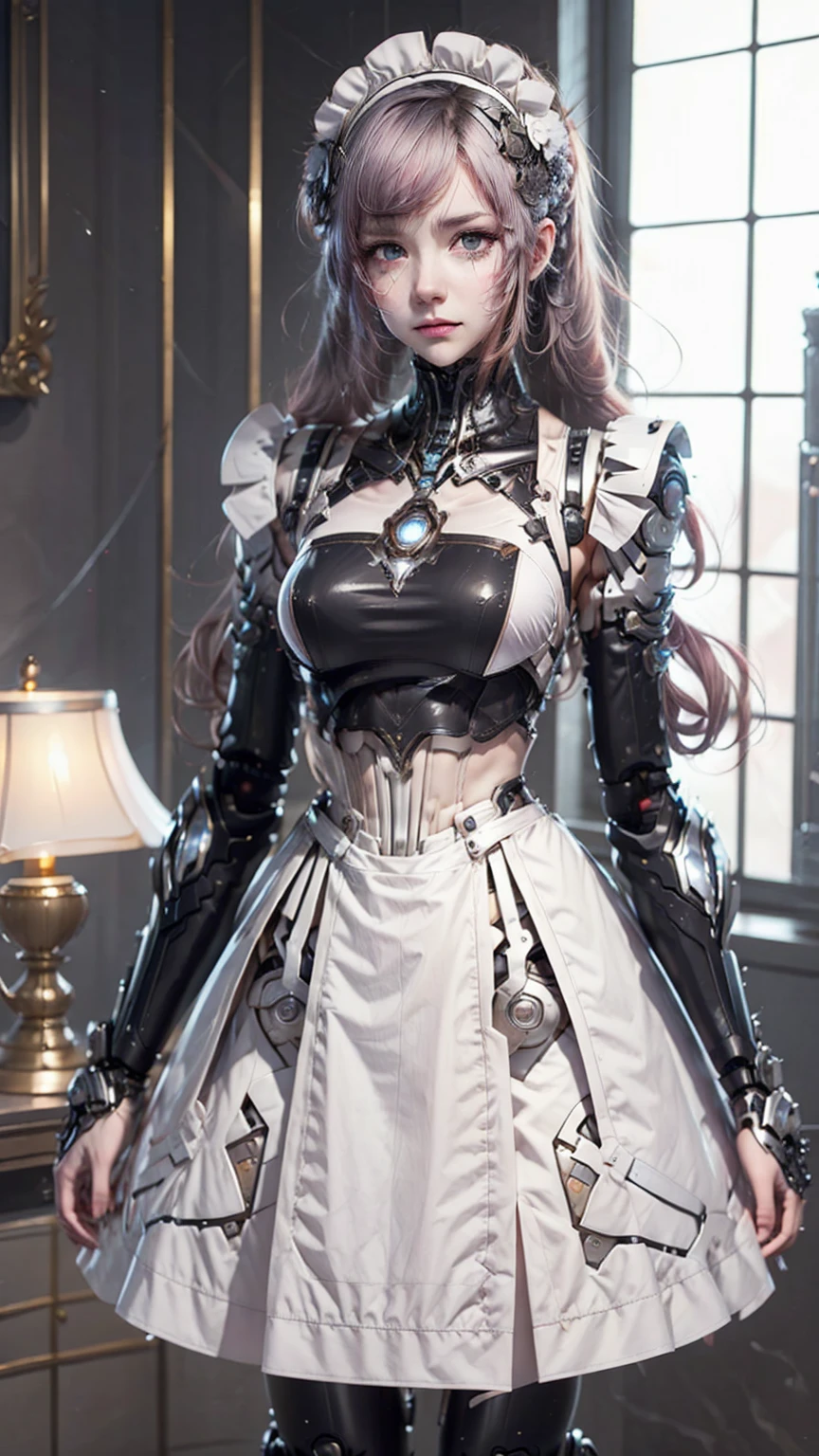 Very detailed, Advanced Details, high quality, 最high quality, High resolution, 1080P, HD, 4K,  beautiful,(Machine),beautiful cyborg mixed maid female, Mecha Cyborg Girl,Mecha Body Girl,She is wearing a futuristic mech, victorian maid dress, from the front, From the skirt up,A cute room for , bed room, bed,