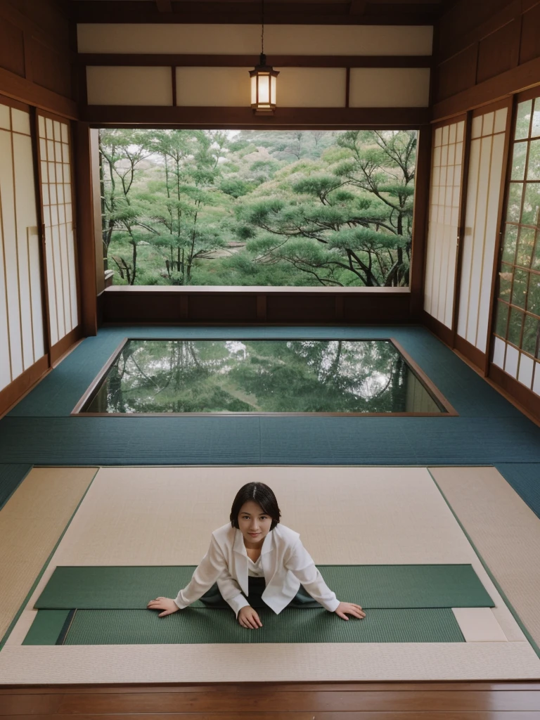 her name is Amelie, high quality, 1girl, ((20-year-old fit Caucasian woman)), ((20 years old)), ((fit)), ((Wavy Bob)), pose: standing, wearing stylish fashionable Generation-Z modern wear colored, BACKGROUND:In a traditional Japanese tea house, with tatami mat floors, sliding shoji screens, and views of a beautifully manicured Zen garden.