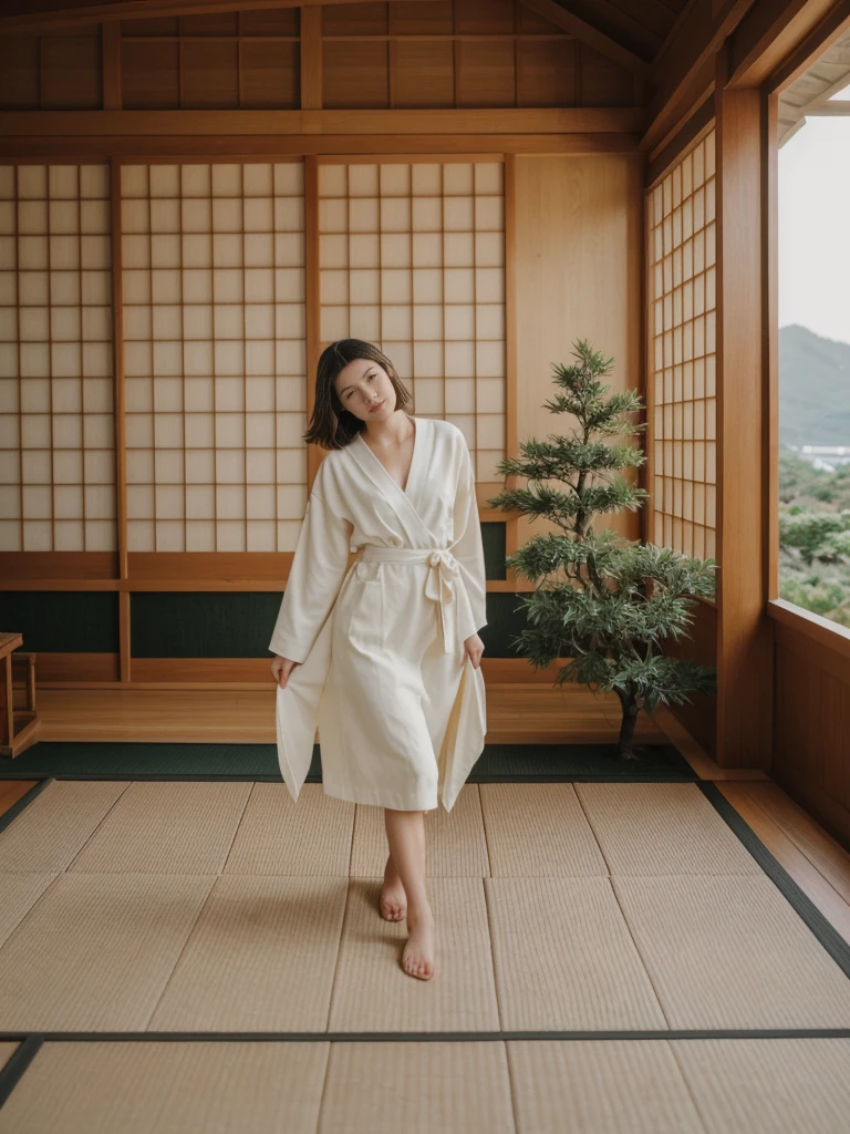 her name is Amelie, high quality, 1girl, ((20-year-old fit Caucasian woman)), ((20 years old)), ((fit)), ((Wavy Bob)), pose: standing, wearing stylish fashionable Generation-Z modern wear colored, BACKGROUND:In a traditional Japanese tea house, with tatami mat floors, sliding shoji screens, and views of a beautifully manicured Zen garden.