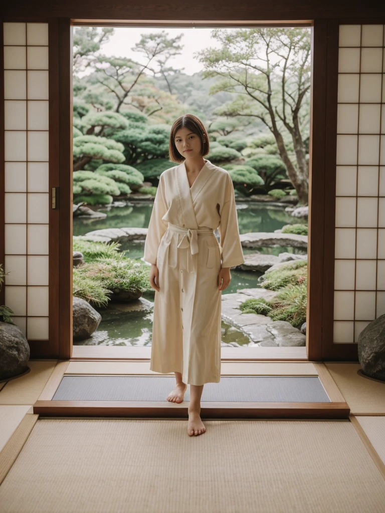 her name is Amelie, high quality, 1girl, ((20-year-old fit Caucasian woman)), ((20 years old)), ((fit)), ((Wavy Bob)), pose: standing, wearing stylish fashionable Generation-Z modern wear colored, BACKGROUND:In a traditional Japanese tea house, with tatami mat floors, sliding shoji screens, and views of a beautifully manicured Zen garden.