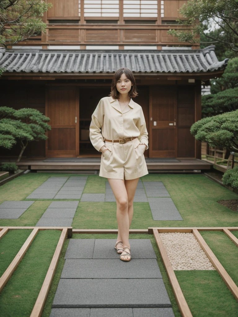 her name is Amelie, high quality, 1girl, ((20-year-old fit Caucasian woman)), ((20 years old)), ((fit)), ((Wavy Bob)), pose: standing, wearing stylish fashionable Generation-Z modern wear colored, BACKGROUND:In a traditional Japanese tea house, with tatami mat floors, sliding shoji screens, and views of a beautifully manicured Zen garden.