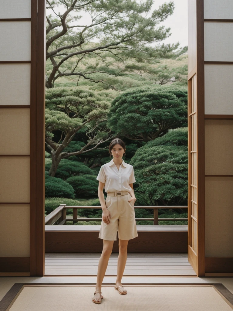 her name is Amelie, high quality, 1girl, ((20-year-old fit Caucasian woman)), ((20 years old)), ((fit)), ((Wavy Bob)), pose: standing, wearing stylish fashionable Generation-Z modern wear colored, BACKGROUND:In a traditional Japanese tea house, with tatami mat floors, sliding shoji screens, and views of a beautifully manicured Zen garden.