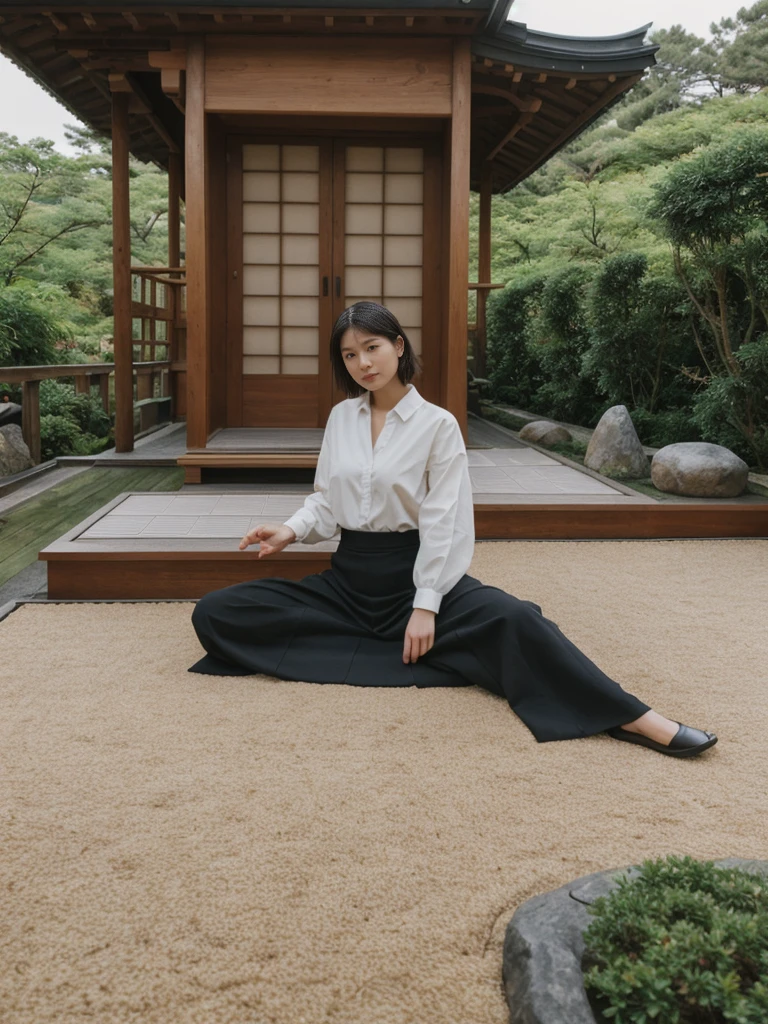 her name is Amelie, high quality, 1girl, ((20-year-old fit Caucasian woman)), ((20 years old)), ((fit)), ((Wavy Bob)), pose: standing, wearing stylish fashionable Generation-Z modern wear colored, BACKGROUND:In a traditional Japanese tea house, with tatami mat floors, sliding shoji screens, and views of a beautifully manicured Zen garden.