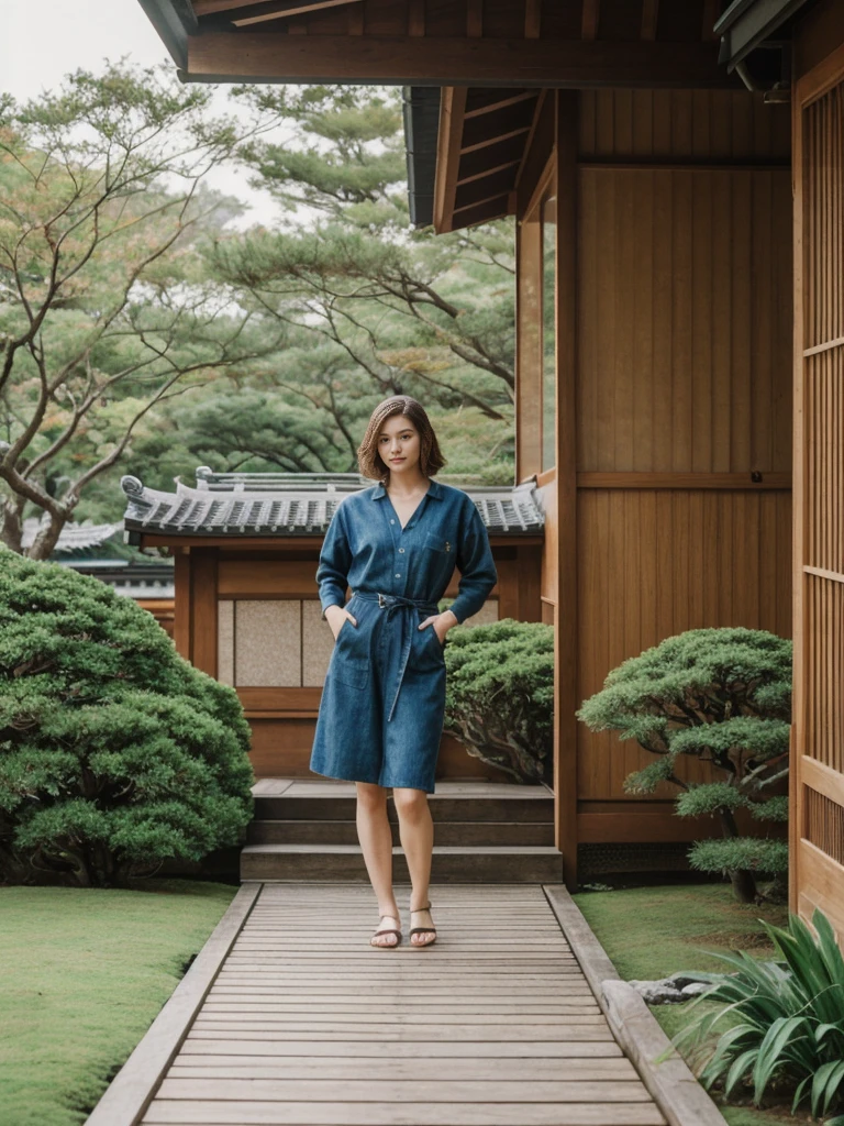 her name is Amelie, high quality, 1girl, ((20-year-old fit Caucasian woman)), ((20 years old)), ((fit)), ((Wavy Bob)), pose: standing, wearing stylish fashionable Generation-Z modern wear colored, BACKGROUND:In a traditional Japanese tea house, with tatami mat floors, sliding shoji screens, and views of a beautifully manicured Zen garden.