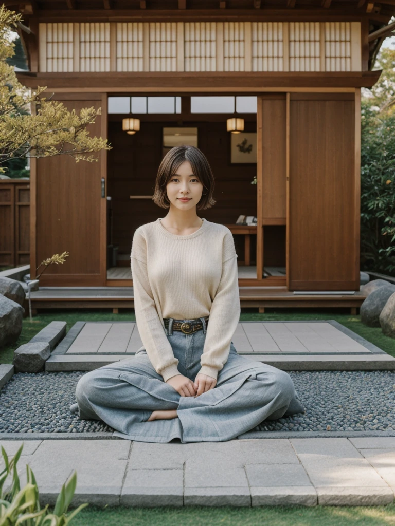 her name is Amelie, high quality, 1girl, ((20-year-old fit Caucasian woman)), ((20 years old)), ((fit)), ((Wavy Bob)), pose: standing, wearing stylish fashionable Generation-Z modern wear colored, BACKGROUND:In a traditional Japanese tea house, with tatami mat floors, sliding shoji screens, and views of a beautifully manicured Zen garden.