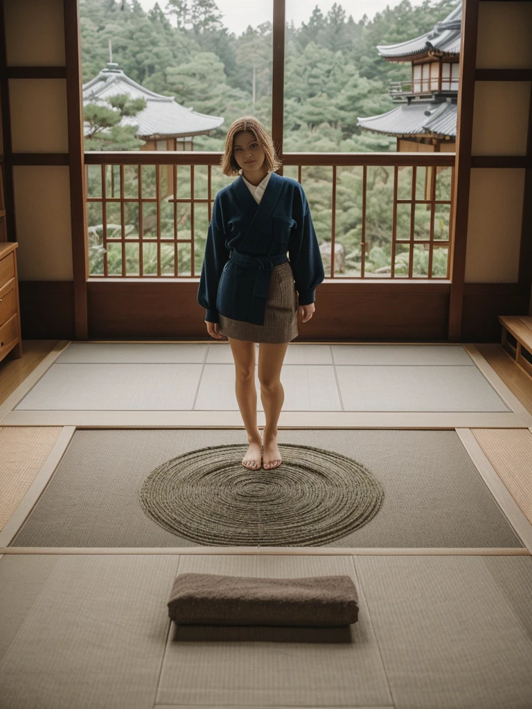 her name is Amelie, high quality, 1girl, ((20-year-old fit Caucasian woman)), ((20 years old)), ((fit)), ((Wavy Bob)), pose: standing, wearing stylish fashionable Generation-Z modern wear colored, BACKGROUND:In a traditional Japanese tea house, with tatami mat floors, sliding shoji screens, and views of a beautifully manicured Zen garden.