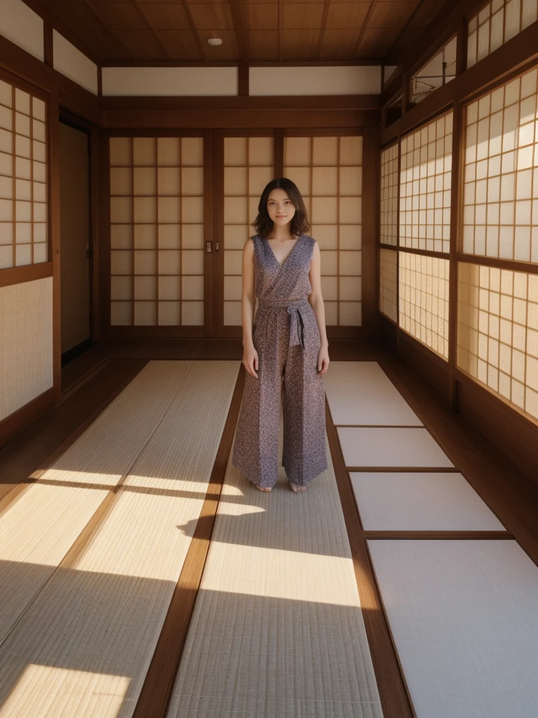 her name is Amelie, high quality, 1girl, ((20-year-old fit Caucasian woman)), ((20 years old)), ((fit)), ((Wavy Bob)), pose: standing, wearing stylish fashionable Generation-Z modern wear colored, BACKGROUND:In a traditional Japanese tea house, with tatami mat floors, sliding shoji screens, and views of a beautifully manicured Zen garden.