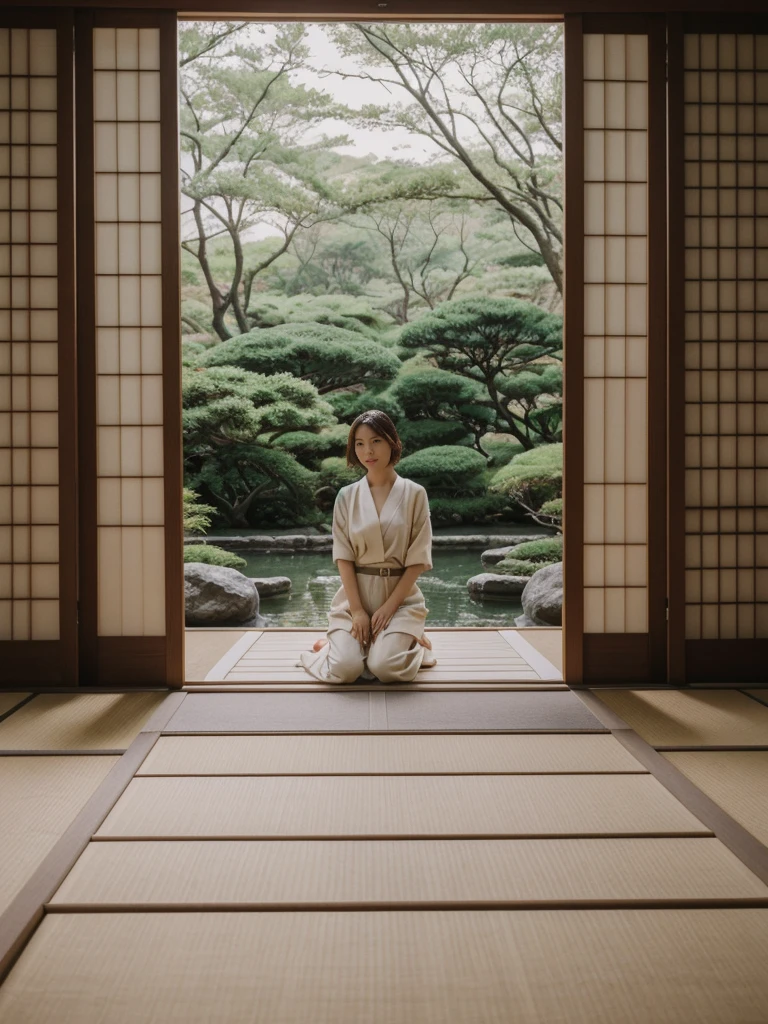her name is Amelie, high quality, 1girl, ((20-year-old fit Caucasian woman)), ((20 years old)), ((fit)), ((Wavy Bob)), pose: standing, wearing stylish fashionable Generation-Z modern wear colored, BACKGROUND:In a traditional Japanese tea house, with tatami mat floors, sliding shoji screens, and views of a beautifully manicured Zen garden.
