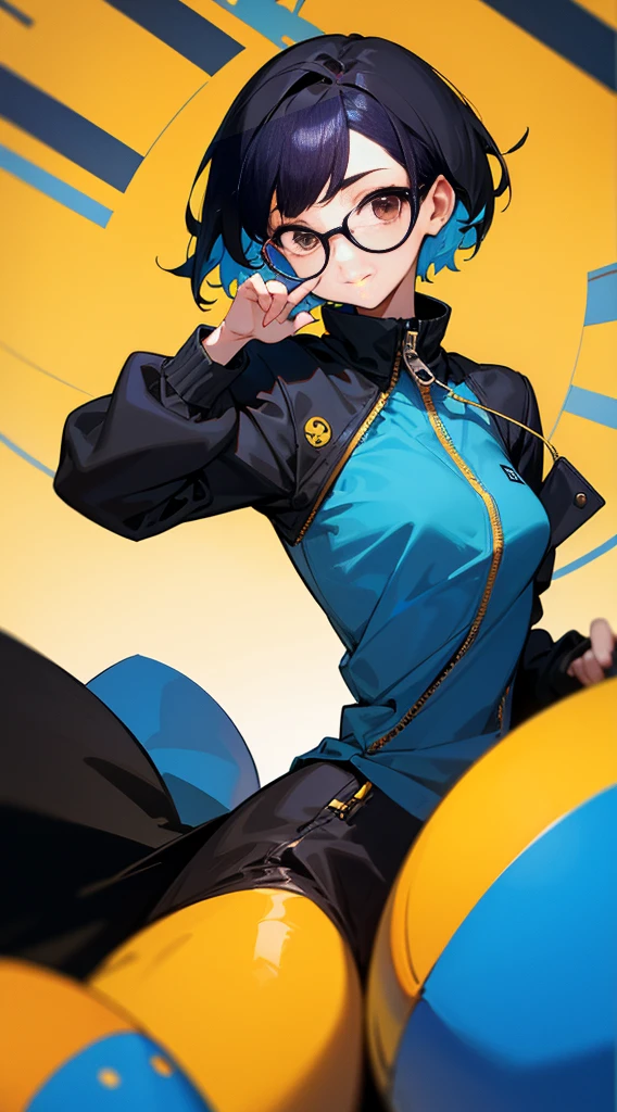 Top Quality, 8K, 4K, High Definition, Detail, (better-quality, 8K, 12), top-quality, 1 girl、only showing her face, she has Black hair, wearing a yellow pin on her right side of her hair, she has her hands together, she looking at you, she is smiling at you, medium breast, her jacket color dark blue and light blue with a black zipper, brown eyes, showing her face and chesat, short hair long as her neck, (only showing half of her body) her jacket is loose. she is wearing earing only right ear shaped has a heart, she has her hand up making a pose, get closer to see up close of her face, she making a pose, she making pose her finger, she is wearing glasses, Japanese face,
