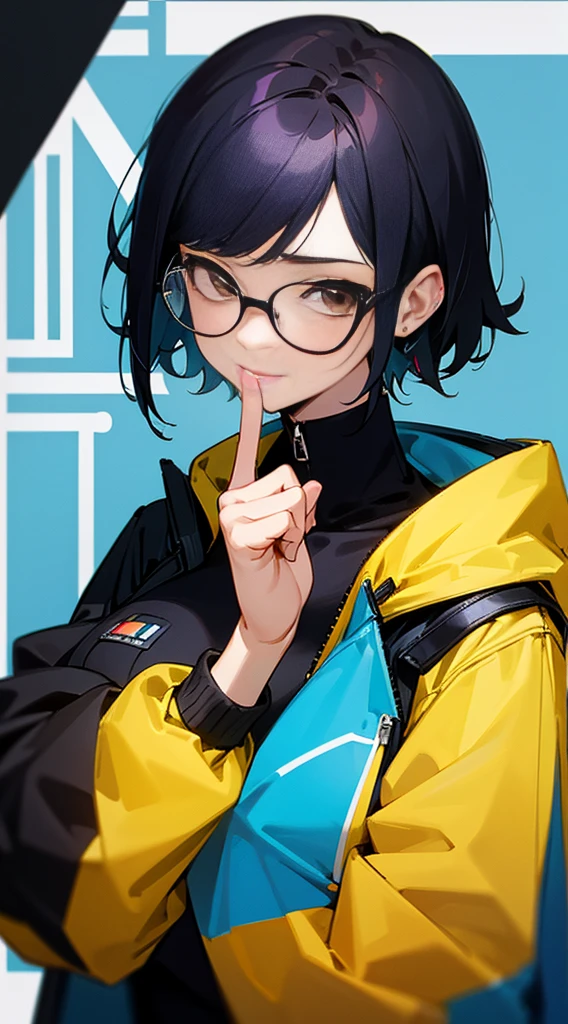 Top Quality, 8K, 4K, High Definition, Detail, (better-quality, 8K, 12), top-quality, 1 girl、only showing her face, she has Black hair, wearing a yellow pin on her right side of her hair, she has her hands together, she looking at you, she is smiling at you, medium breast, her jacket color dark blue and light blue with a black zipper, brown eyes, showing her face and chesat, short hair long as her neck, (only showing half of her body) her jacket is loose. she is wearing earing only right ear shaped has a heart, she has her hand up making a pose, get closer to see up close of her face, she making a pose, she making pose her finger, she is wearing glasses, Japanese face,