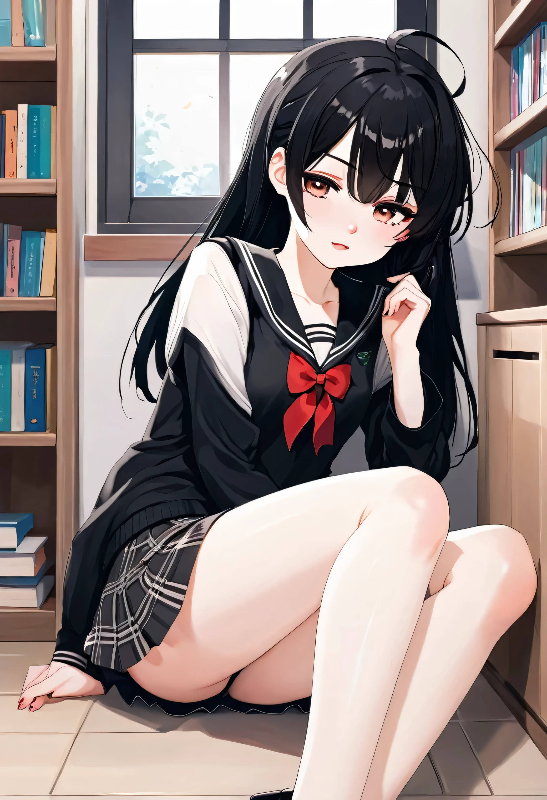 Create a cute tsundere with black hair, sexy tsundere face, pale skin, black school clothes, toned legs, legs thick