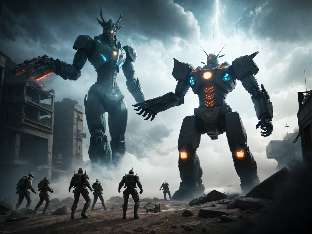 a group of soldiers and a giant robot battling a huge kaiju, highly detailed, intricate mech suit, dramatic lighting, intense action scene, cinematic composition, volumetric fog, dynamic poses, epic scale, cinematic camera angle, photorealistic, 8k, hyper detailed, award winning concept art