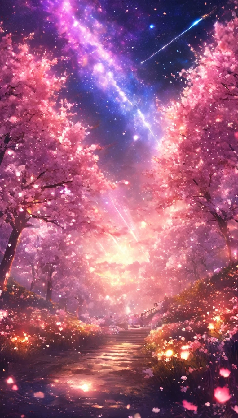masterpiece, concept art, panorama, in the center, figure, wide shot, flower garden, night, (Meteors), Space galaxy background, (magnificent composition, epic proportions), dynamic lighting, Bright colors, cherry blossoms,landscape