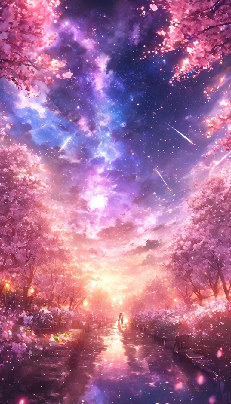 masterpiece, concept art, panorama, in the center, figure, wide shot, flower garden, night, (Meteors), Space galaxy background, (magnificent composition, epic proportions), dynamic lighting, Bright colors, cherry blossoms,landscape