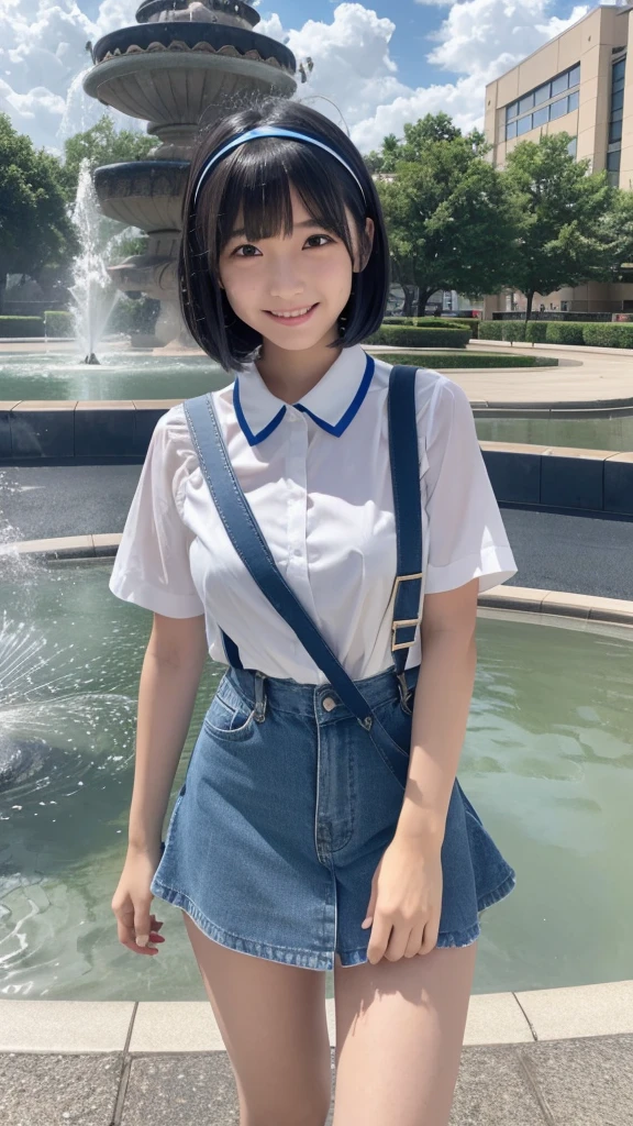 Japanese high school girl, brown eyes, smiling face, young face, black hair, bob cut, blue hairband, white short-sleeved blouse, blue ribbon decoration on collar, blue suspenders, blue miniskirt, black socks, blue shoes, entertainment district, blue sky and white cumulonimbus clouds, standing in front of the fountain square, wet sidewalk