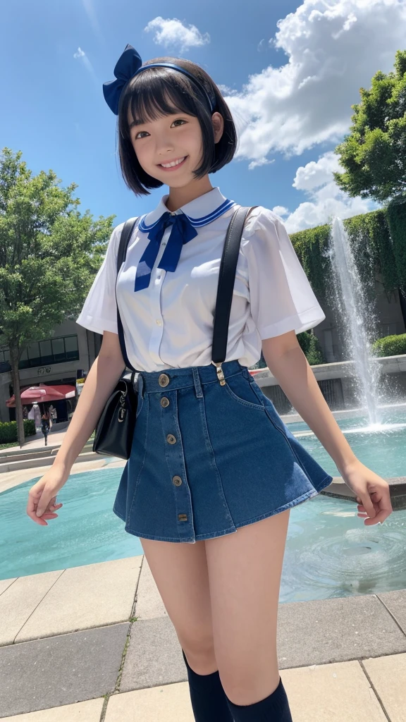 Japanese high school girl, brown eyes, smiling face, young face, black hair, bob cut, blue hairband, white short-sleeved blouse, blue ribbon decoration on collar, blue suspenders, blue miniskirt, black socks, blue shoes, entertainment district, blue sky and white cumulonimbus clouds, standing in front of the fountain square, wet sidewalk