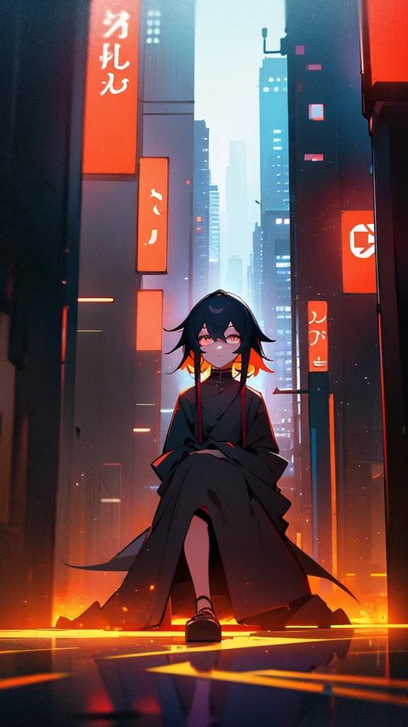 cyberpunk backgrouns, girl in raincoat, Expressionless girl,  Surreal lighting, mysterious woman,  Colorful city lights,'lone dark figure'!!, wandering in the city，black color hair,Sitting,look up