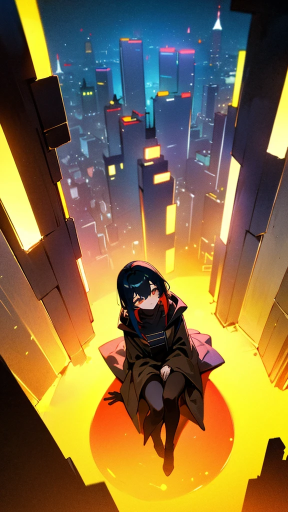 cyberpunk backgrouns, girl in raincoat, Expressionless girl,  Surreal lighting, mysterious woman,  Colorful city lights,'lone dark figure'!!, wandering in the city，black color hair,Sitting,look up