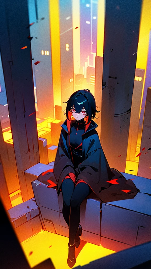 cyberpunk backgrouns, girl in raincoat, Expressionless girl, Surreal lighting, mysterious woman, Colorful city lights,'lone dark figure'!!, wandering in the city,black color hair,Sitting,look up