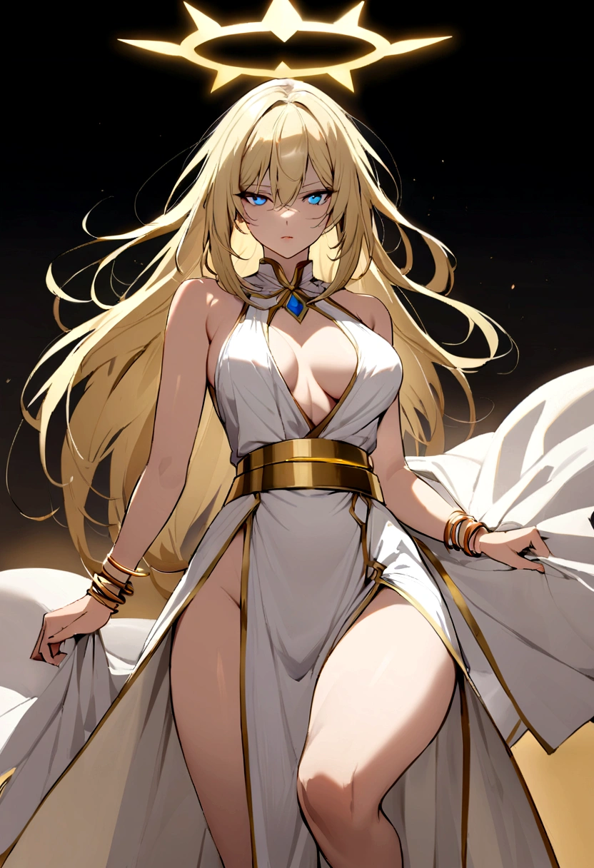 Create a beautiful woman with blue eyes and blonde hair, she white tunic, with gold bracelets, and a golden halo of energy over your head, she has a beautiful body with medium and thighs too, at the waist there is a golden belt, seductive body and a serious look, your white tunic covers your legs