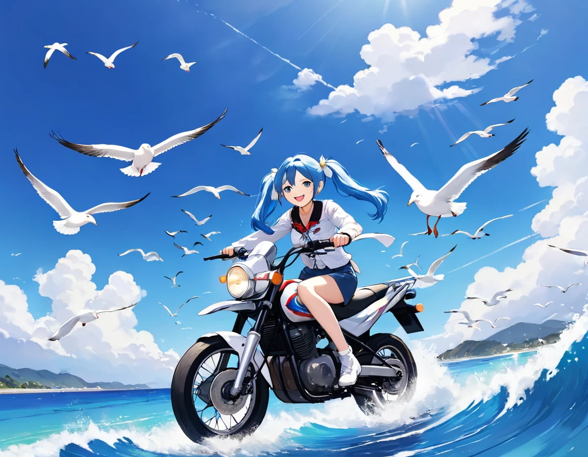 Ride a motorbike along the coast、Blue long hair、Beautiful girl with twin tails、Bigger in the center、Splash art that makes you feel the wind、Splash、blue sky、White cloud、Bright smile、Seagulls are flying