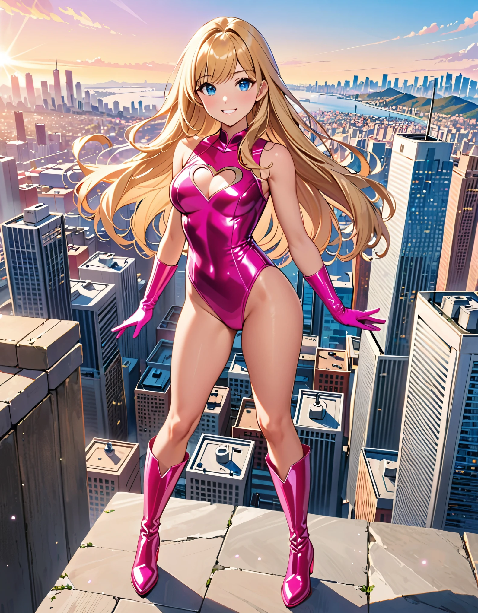 masterpiece, best quality, highres, 1girl, solo, superhero, leotard, bare legs, matching boots, sleeveless, looking at viewer, city backdrop, perfect hands, perfect eyes, perfect leotard, perfect legs, perfect arms, perfect fingers, medium breasts, pink leotard, standing, (blonde hair), long hair, knee boots, blue eyes, heart cutout, cute face, hair down, bangs, sleeveless, pink gloves, pink footwear, cleavage cutout, smile, full body with costume :d