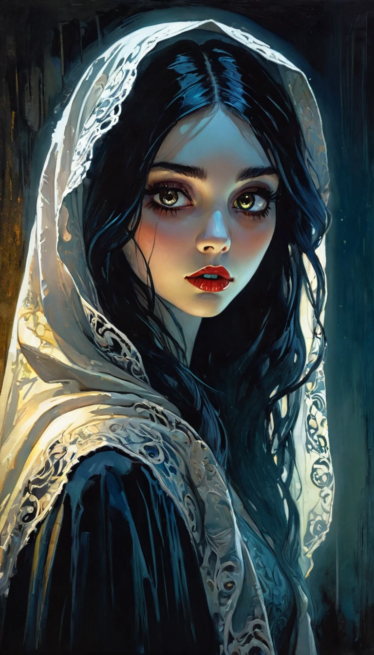 a ghost, dark fantasy, oil painting, high quality, masterpiece, detailed, 1girl, beautiful detailed eyes, beautiful detailed lips, extremely detailed face, long eyelashes, elegant expression, ethereal, mystical, moody lighting, dramatic lighting, dark colors, deep shadows, atmospheric, cinematic, surreal, painted by Skottie Young, painted by Bill Sienkiewicz, hyperrealistic, photorealistic, 8k, best quality, vivid colors, stunning