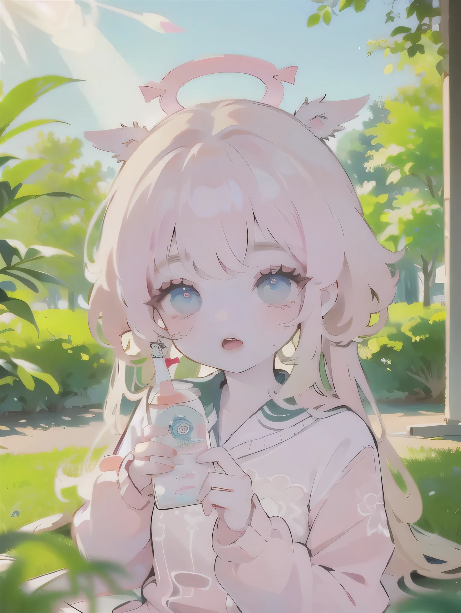 (high quality) (best quality) (a woman) (correct physiognomy) (perfect students) (perfect eyes) anime woman, deep pink, long and fluffy hair, two rabbit ears coming out of her head, blue eyes, lips sensitive, feminine appearance, soft facial features, thin eyebrows, soft skin, rosy cheeks, pink lips, silky eyelashes, dreamy expression, middle age, youthful clothing, print sweatshirt, photo illuminated by sunlight, Woman sitting on forest.