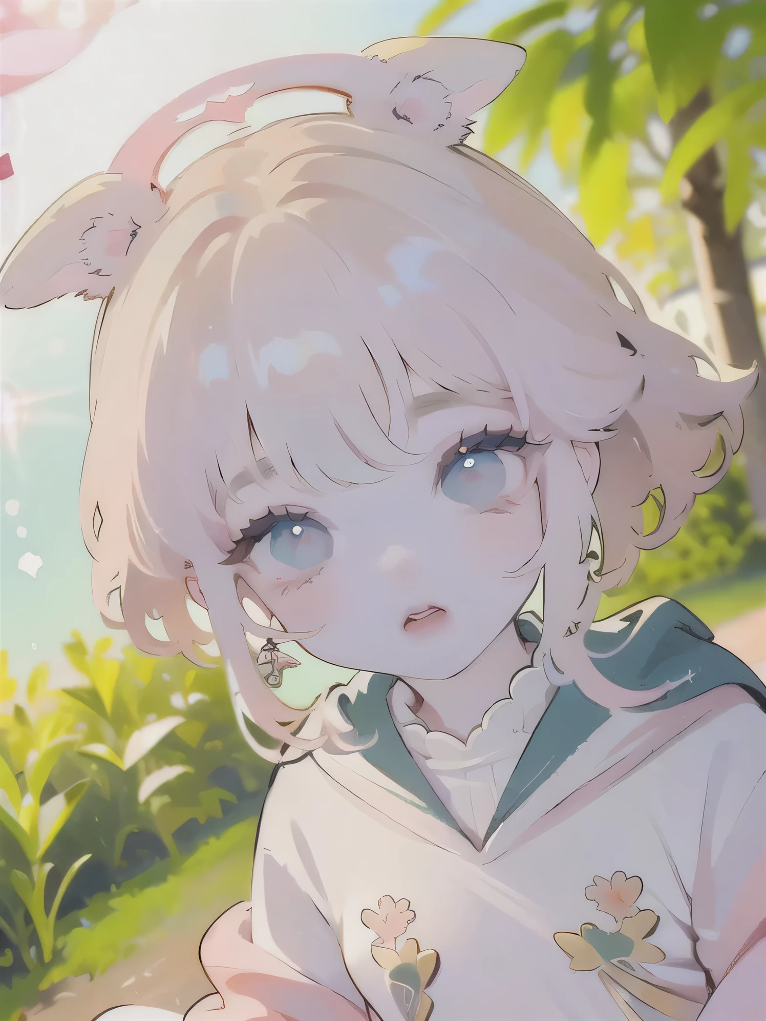 (high quality) (best quality) (a woman) (correct physiognomy) (perfect students) (perfect eyes) anime woman, deep pink, long and fluffy hair, two rabbit ears coming out of her head, blue eyes, lips sensitive, feminine appearance, soft facial features, thin eyebrows, soft skin, rosy cheeks, pink lips, silky eyelashes, dreamy expression, middle age, youthful clothing, print sweatshirt, photo illuminated by sunlight, Woman sitting on forest.