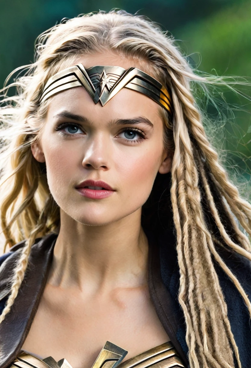(((Extremely close-up Gabriella Wilde under the mantle of the Amazon warrior Wonder Woman black hair Long Dreadlocks color images Splash Headband Wonder Woman frontal images)))