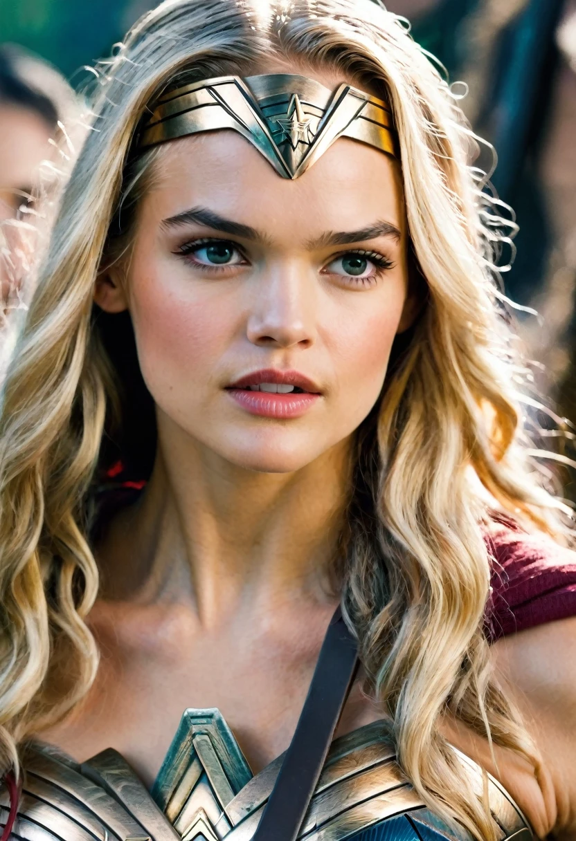 (((Extremely close-up Gabriella Wilde under the mantle of the Amazon warrior Wonder Woman black hair Long Dreadlocks color images Splash Headband Wonder Woman frontal images)))