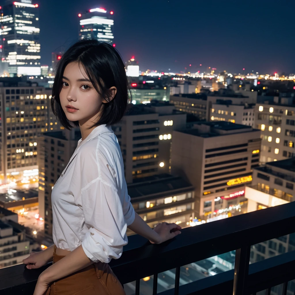 Girl with medium short black hair. At night on a balcony 