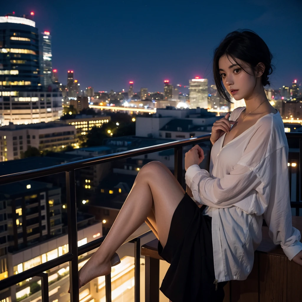 Girl with medium short black hair. At night on a balcony 