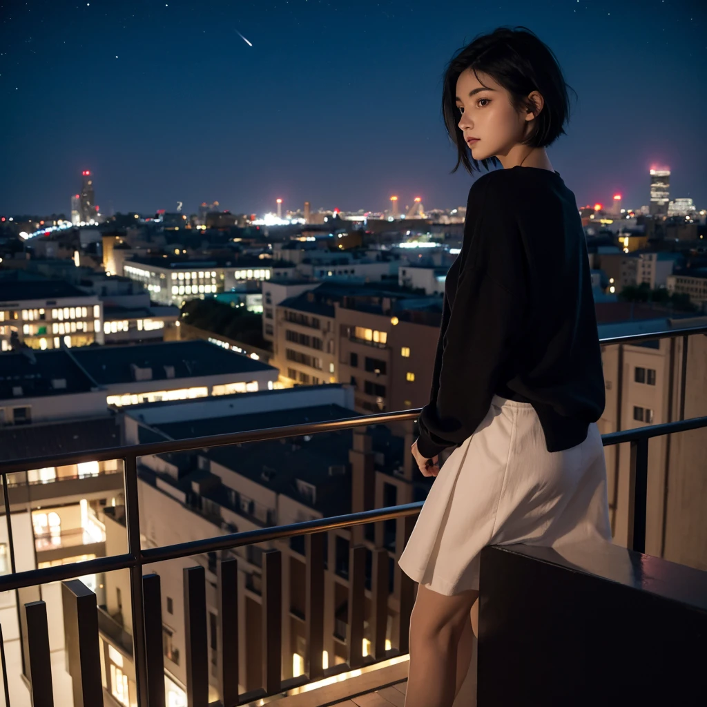 Girl with medium short black hair. At night on a balcony 