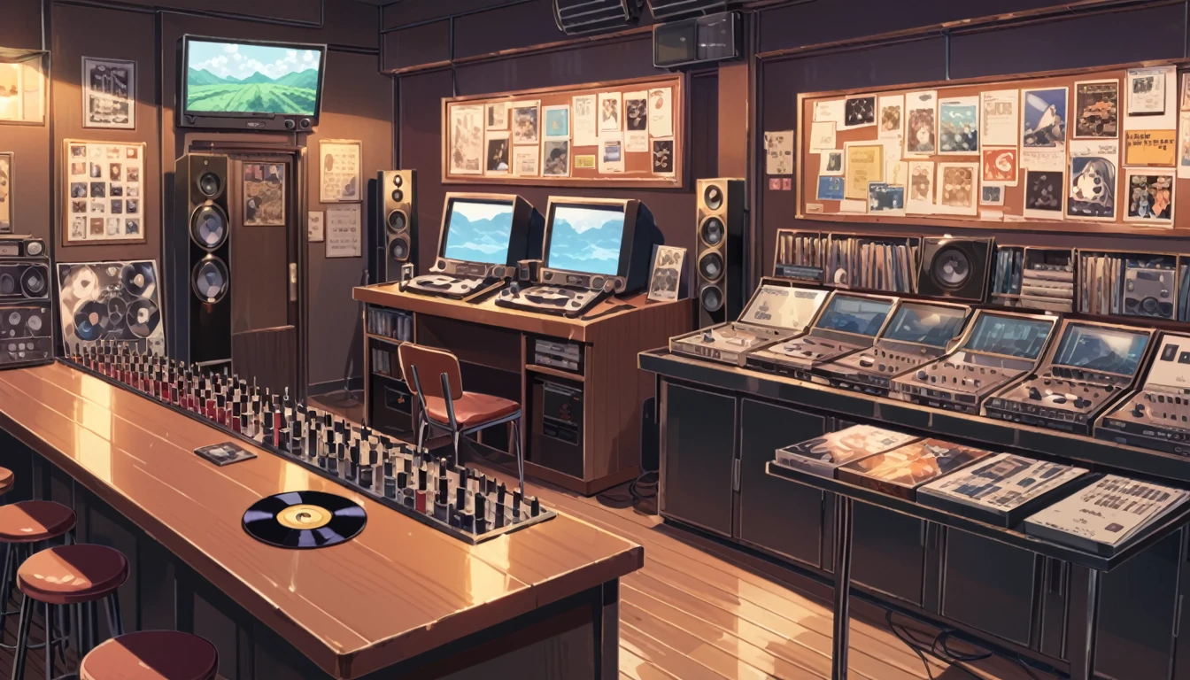 ((Anime: 1.4, Illustration)), (Masterpiece, Top Quality, Best Quality), (Ultra-Detailed, Absolutely Resolution), ((16k, HIGH RES)) (Retro, Record, Bar,) ), ( Anime: 1.4, Illustration)), (Masterpiece, Top Quality, Best Quality), (Ultra-Detailed, Absolutely Resolution). Ak {Lofi Art, Style of Laurie Greasley, Style of Makoto Shinkai, Anime Aesthetic}, BREAK {(Produces IMAGES WITH ITH INFORMATION THAN 40 Million Pixels with Cinematic-Like Detailed Textures S Hot on a Sony slur).}
