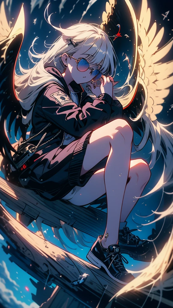 Masterpiece, intricately details,Best quality, 1girll, Solo, Bird, Hood, Sitting, Long hair, shoes, Jacket, blackfootwear, Hood down, animal on shoulder, whaite hair, Animal, blue jacket, Sneakers, sign, Cloud, bangs, Long sleeves, From the side Side, Hoodie, profile, Outdoors, bird on shoulder, sky, jaqueta com capuz