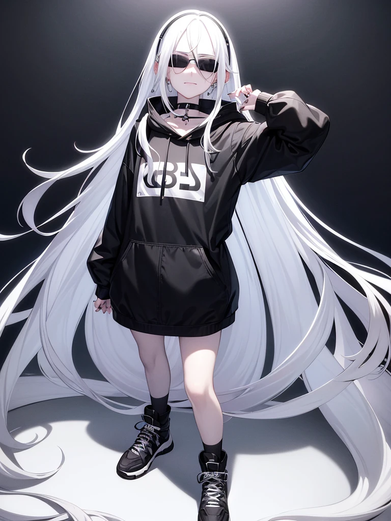 white background, 1girl, full body, adult, standing, pale skin, very long white hair, white hair, sunglasses on head, blue eyes, oversized black hoodie, black shoes, black nails, black choker, black thigh belt, silver earrings, smirk.