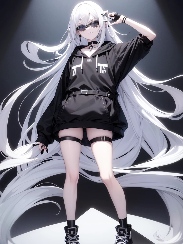 white background, 1girl, full body, adult, standing, pale skin, very long white hair, white hair, sunglasses on head, blue eyes, oversized black hoodie, black shoes, black nails, black choker, black thigh belt, silver earrings, smirk.