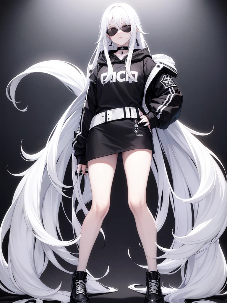 white background, 1girl, full body, adult, standing, pale skin, very long white hair, white hair, sunglasses on head, blue eyes, oversized black hoodie, black shoes, black nails, black choker, black thigh belt, silver earrings, smirk.