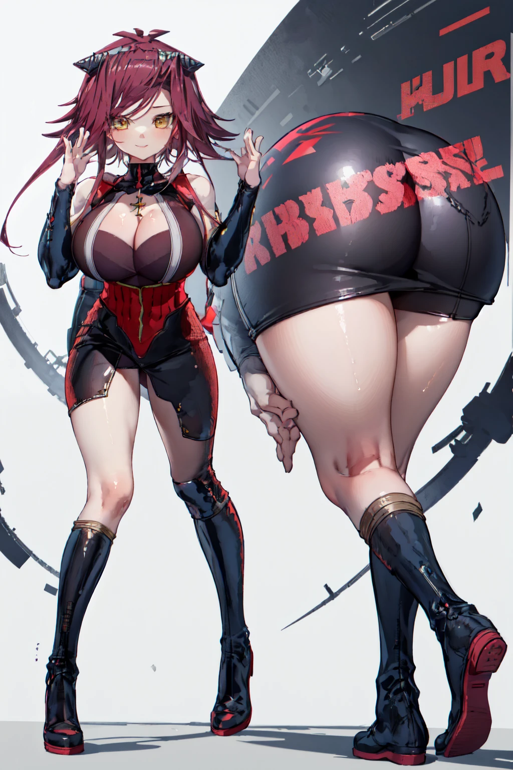 1girl, aki1, izayoi aki, solo, cleavage, standing,from behind, ass facing us, big tits, gaze, from behind, aesthetic, yellow eyes, absurd, masterpiece, best quality, 1girl, solo, gaze, realistic, 8k, sharp focus, graphic, full body, high quality, very detailed, super detailed, breasts, 4k, high quality, highly detailed cg Unified 8k wallpaper,sexy pose,seductive smile,beautiful fingers,beautiful long legs,beautiful body,beautiful nose,beautiful character design,perfect eyes,perfect face,aki1,izayoi aki,from behind, ass facing us,red latex bodysuit, cleavage, large breasts, ((race track)), (extremely glossy)