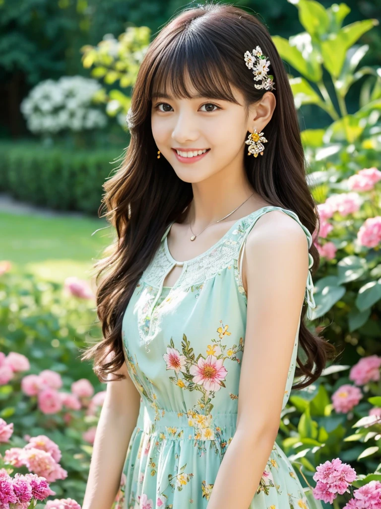 ((Masterpiece)), 8k, Masterpiece, Highest Quality, 1 Girl, Solo, Realistic, Garden, Photorealistic, Super Detailed, Detailed Background, (Solo: 1.4), Happy Expression, Slender Body, Realistic Highly detailed long hair, intricate details, masterpiece, top quality, waist shot, (flowery garden background)), smile, ((looking at camera)), earrings, long straight black hair, asymmetrical bangs, natural chest , colorful dress,