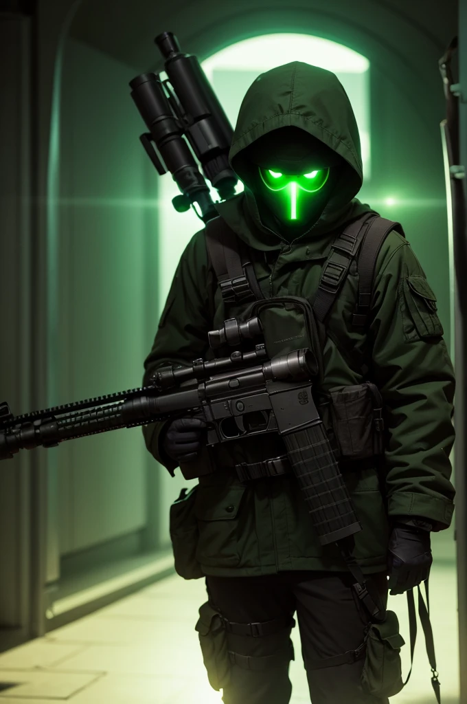 A shadowy sniper with glowing green eyes