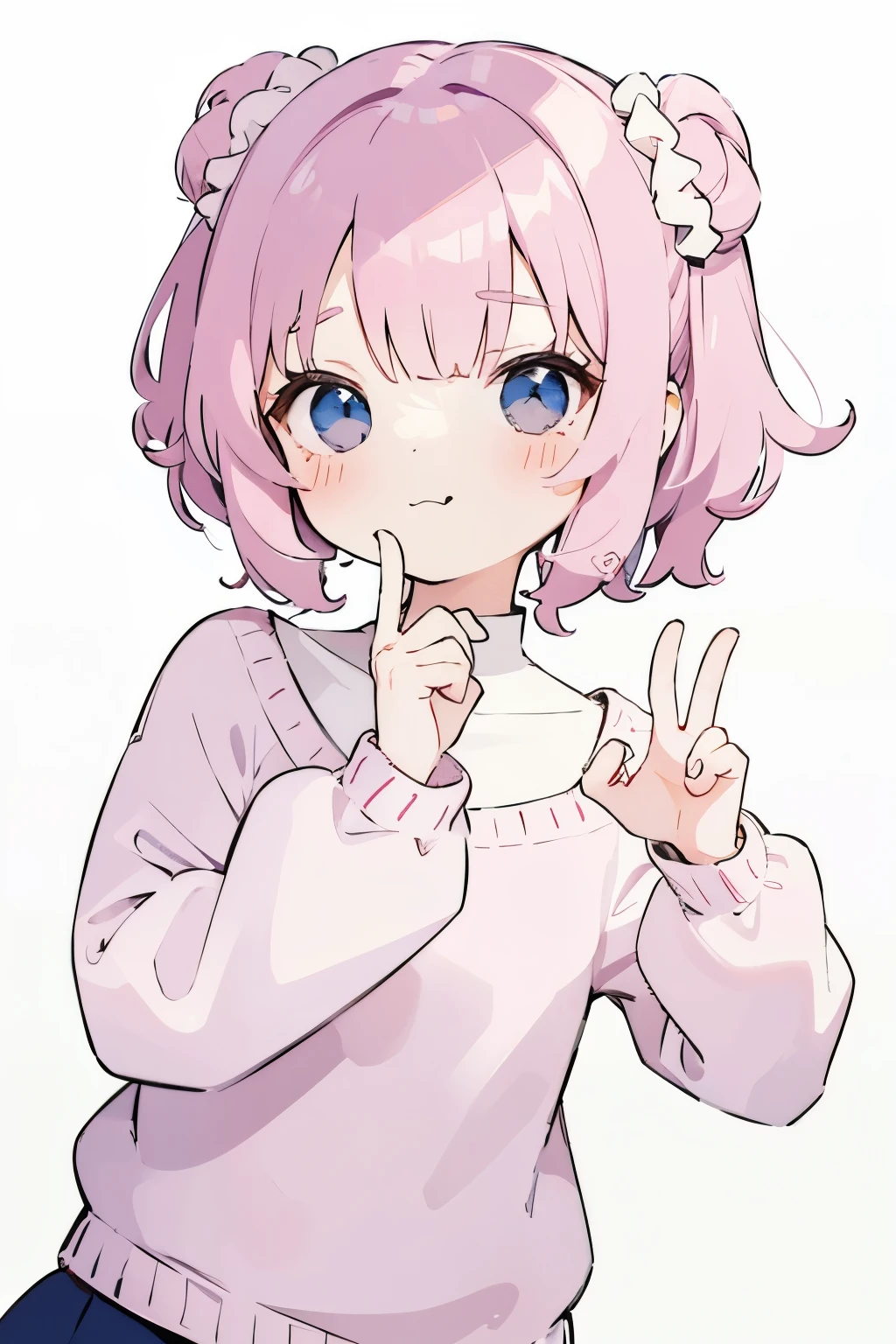 Shoulder sweater, Curly shorthair, hair scrunchie, Twin-tailed, kawaii pose、A face and pose that expresses deliciousness
