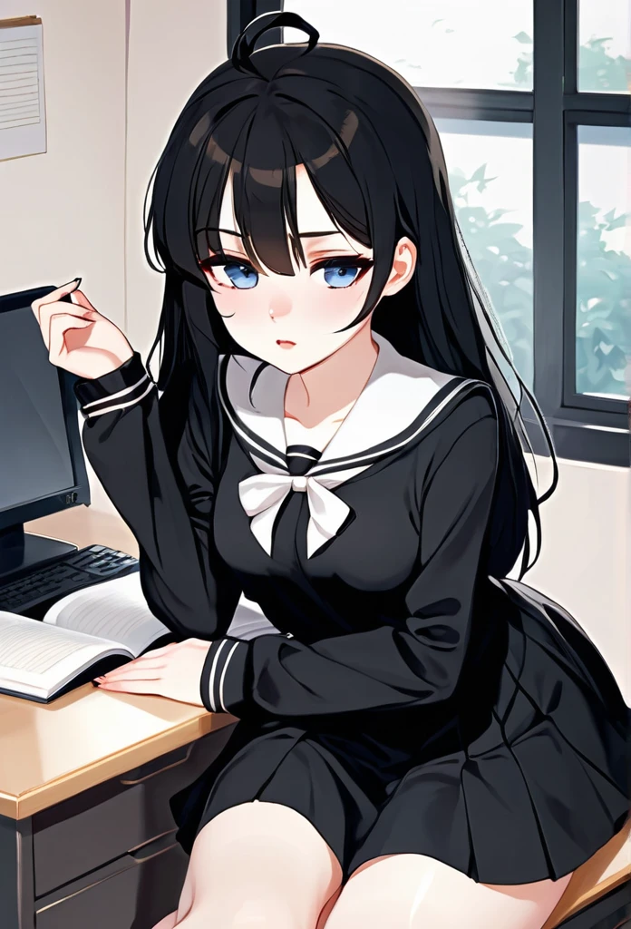 Create a cute tsundere with black hair, sexy tsundere face, pale skin, black school clothes, toned legs, legs thick sexy dress