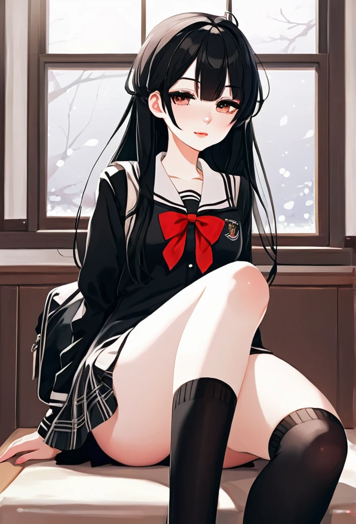 Create a cute tsundere with black hair, sexy tsundere face, pale skin, black school clothes, toned legs, legs thick sexy dress