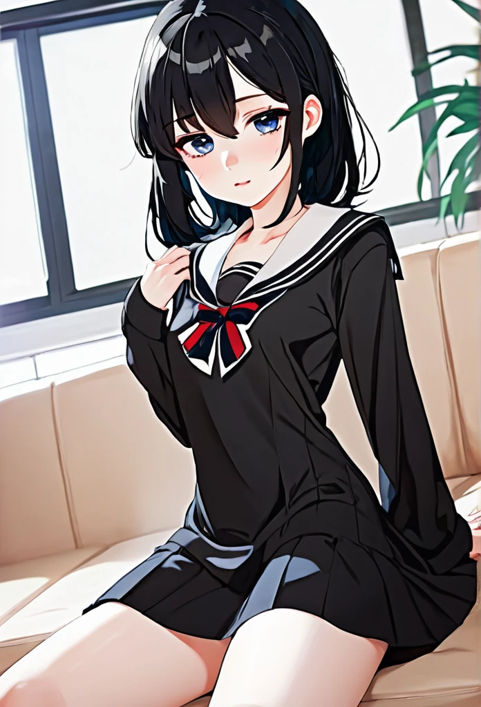 Create a cute tsundere with black hair, sexy tsundere face, pale skin, black school clothes, toned legs, legs thick sexy dress