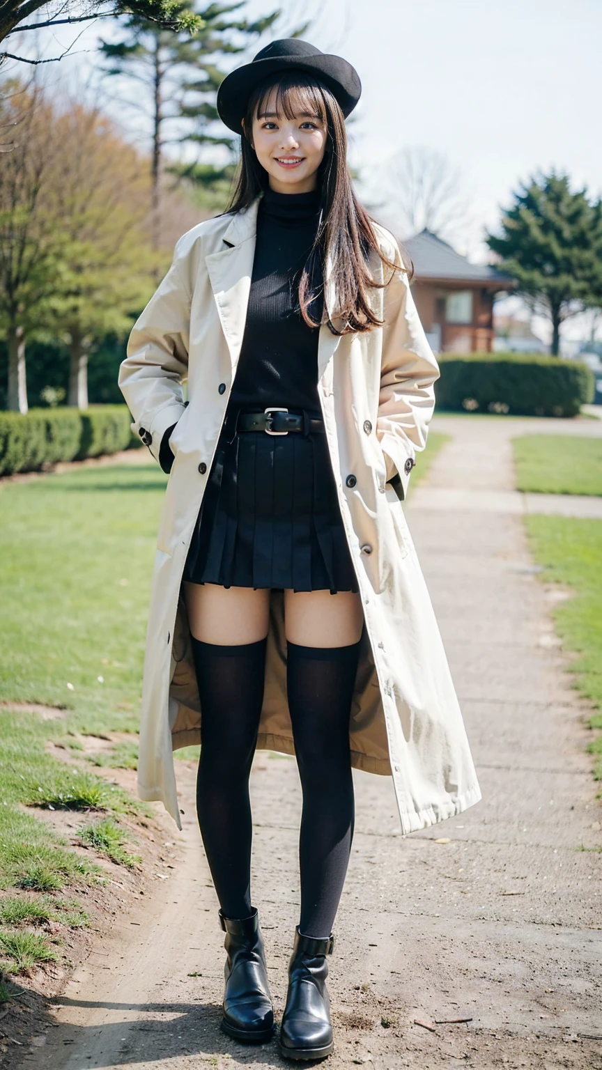 (8K、RAW Photos、Highest quality、masterpiece:1.2)、(Realistic、Realistic)、1 Girl、((Check mini skirt、Long coat、Medium Hair、black、Thin legs、whole body、boots、blackいコート、one piece、tights、garden、View from the front、smile、Looking into the camera、belt、Stand with hands on hips))、cute