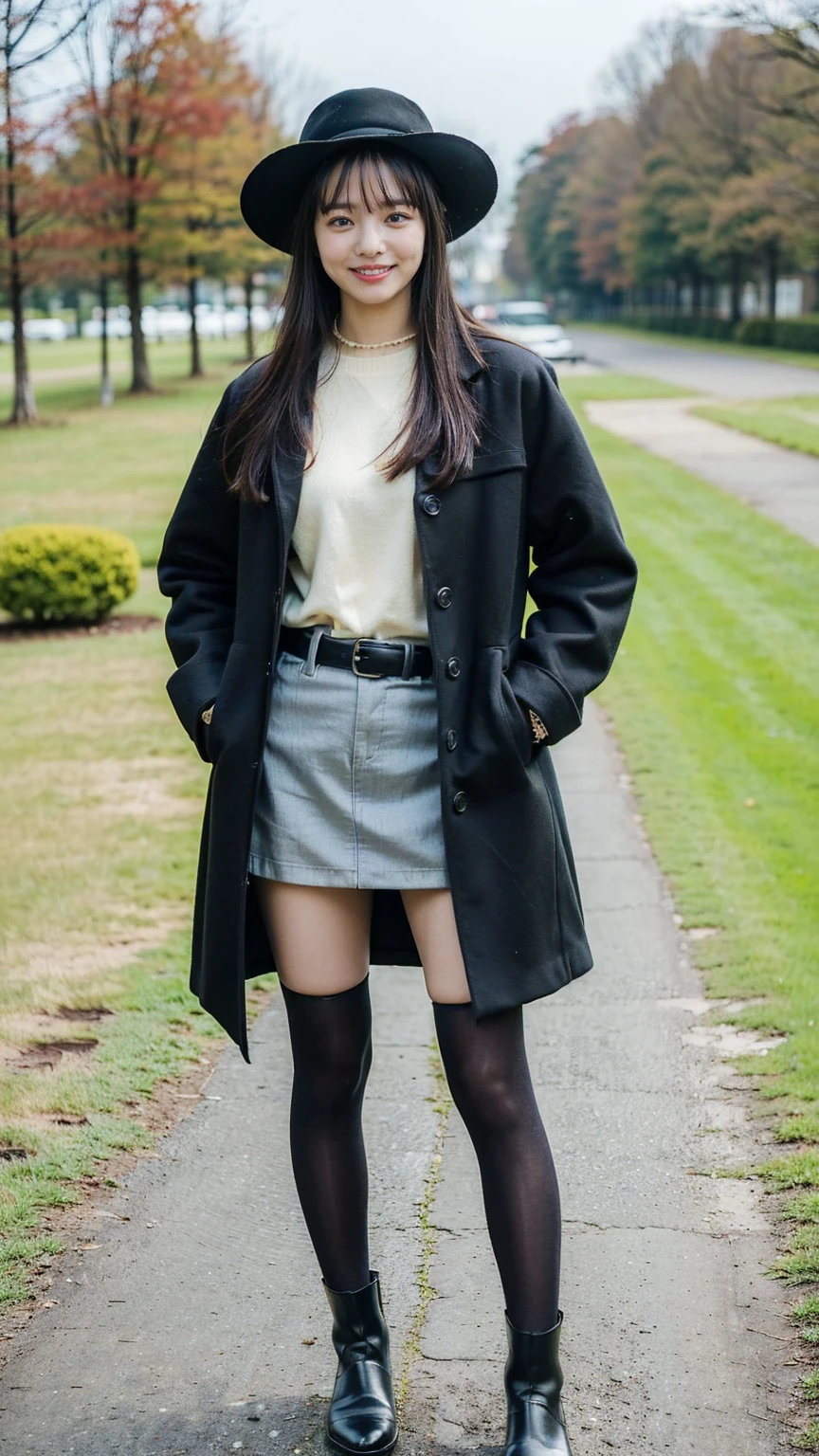 (8K、RAW Photos、Highest quality、masterpiece:1.2)、(Realistic、Realistic)、1 Girl、((Check mini skirt、Long coat、Medium Hair、black、Thin legs、whole body、boots、blackいコート、one piece、tights、garden、View from the front、smile、Looking into the camera、belt、Stand with hands on hips))、cute